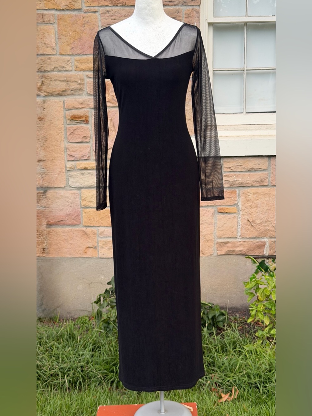 Rare True 90s Vintage Express Mesh Illusion Long Sleeve Maxi Dress black 5/6